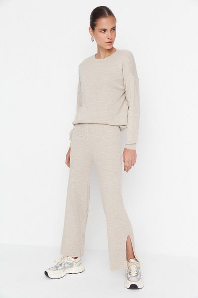 Trendyol Collection Bézs Wide Fit Basic nadrág kötöttáru felső és alsó készlet TWOAW22AU0040