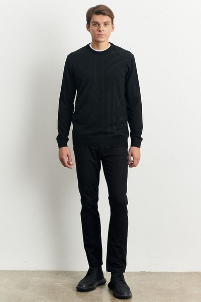 ALTINYILDIZ CLASSICS Schwarzer Herrenpullover in Standard-Passform, normaler Schnitt, Rundhalsausschnitt, modernes Muster, detaillierter Winterstrickpullover