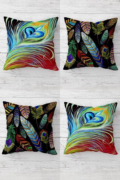 on the clouds Peacock and Feather Patterned Hidden Zippered Throw Pillow Cover Sofa Pillow Cover Set (4 Pieces)