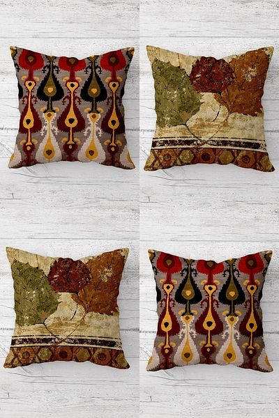 Pelangi Autumn Patterned Leafy Hidden Zippered Throw Pillow Cover Set - 4 Pieces Seats and Pillows Set