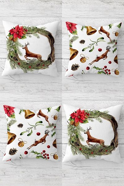 linazaitun Deer New Year Concept Concealed Zippered Throw Pillow Cover Seat Pillow Cover Set (4 Pieces)