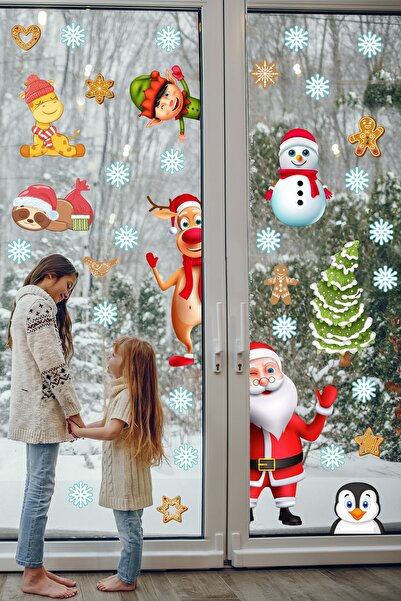 Echo Home Yılbaşı Figürleri Noel Baba Geyik Penguen Kardan Adam ve Kar Taneleri Dekoratif Sticker