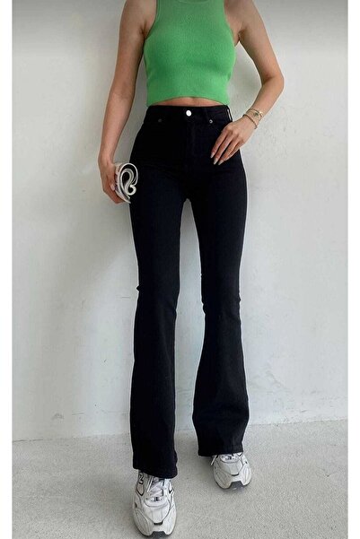 Trn JNS Hot Women Black Flared Leg Denim Pants High Waist Flared Jeans Compressor