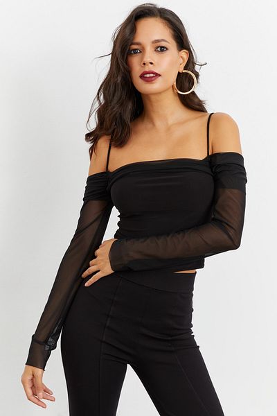 Cool & Sexy Damska czarna bluzka z tiulowymi rękawami i kołnierzykiem Madonna B1927