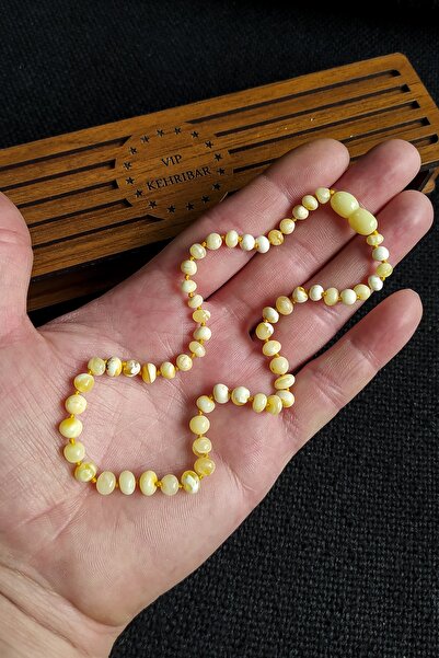 Vip Kehribar Kopya - Sertifikalı Bal Rengi Mavi Taşlı Kehribar Kolye Bebek Di...