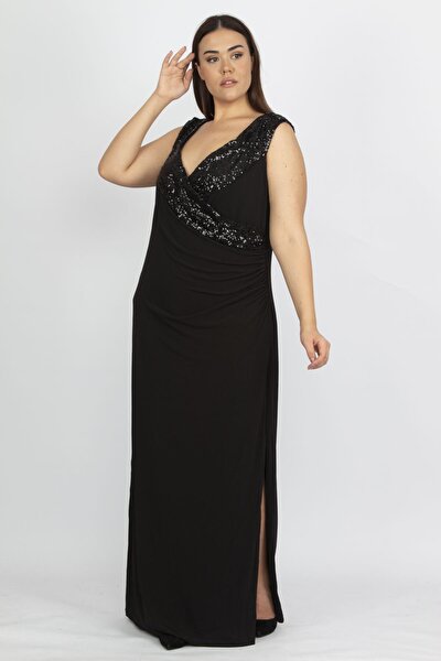 Şans Plus Size Evening Dress - Black - Asymmetric