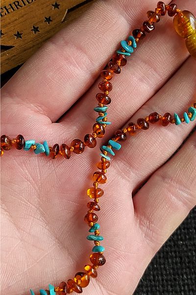 Vip Kehribar Turquoise Natural Stone Certified Amber Necklace for 0-3 Years Old Baby Girl and Boy - 32 cm
