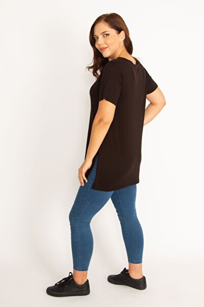 Şans Women's Large Size Black V-Neck Side Slit Blouse 65n34799