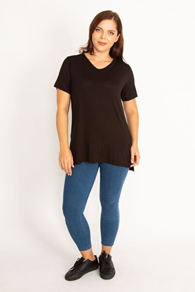 Şans Women's Large Size Black V-Neck Side Slit Blouse 65n34799