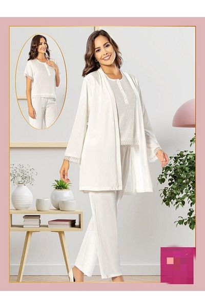 Ebrar Çeyiz Velvet Ecru Color 3-Piece Pajama Set