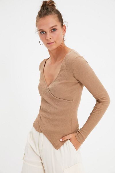 Trendyol Collection Mink Fitted Double Breasted Neck Long Sleeve Ribbed Stretch Knitted Blouse TWOAW21BZ1274