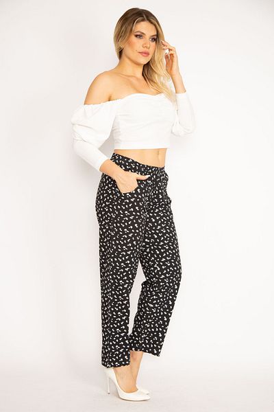 Şans Women's Large Size Black Elastic Waist Floral Patterned Pocket Trousers 65n34677