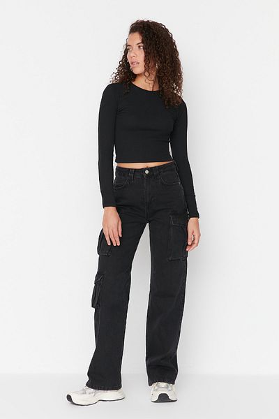 Trendyol Collection Pantaloni de blugi negri cu buzunar cargo cu talie înaltă TWOAW23JE00681