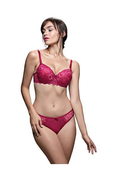 AYCI طقم حمالة صدر من الدانتيل باللون العنابي بدون حشوة / بدون دعم