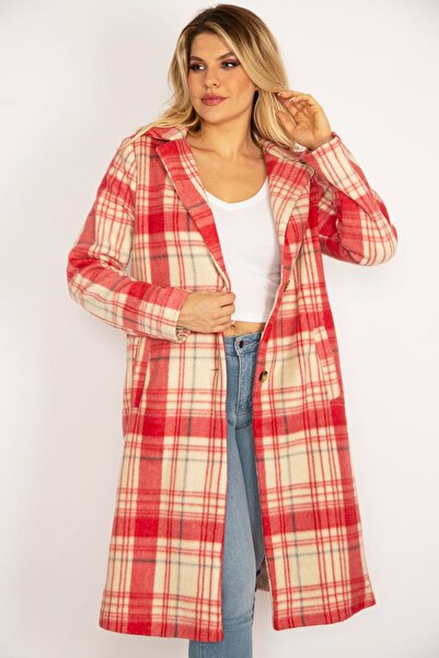 Şans Women's Large Size Colorful Plaid Patterned Front Button Lined Coat 65n34662