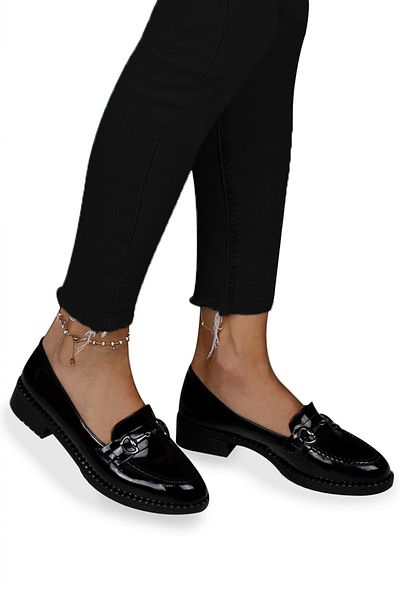 RENKLİBUTİK Women's Daily Patent Leather Buckle Laofer Loafer Shoes
