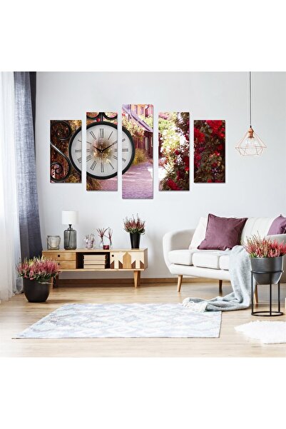TabloLife Çiçeklerle Saklı Evler Saatli 5 Parçalı Kanvas Tablo 60 X 100