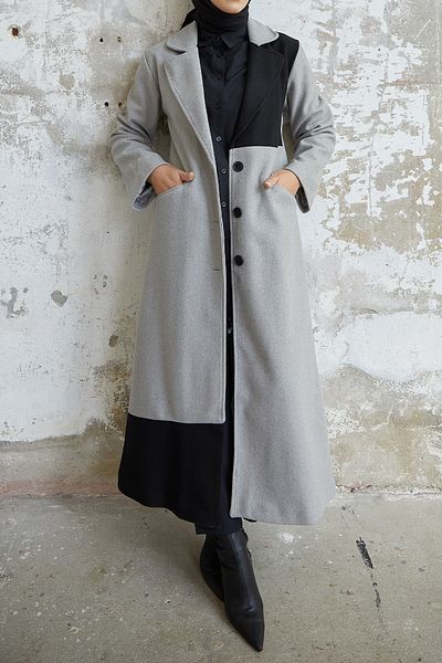 InStyle Ferisa Double Color Lined Stamp Coat - Gray
