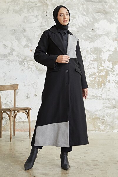 InStyle Ferisa Çift Renk Astarlı Kaşe Kaban - Siyah \ Gri