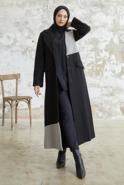 InStyle Ferisa Çift Renk Astarlı Kaşe Kaban - Siyah \ Gri