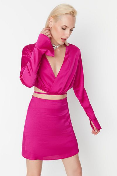 Trendyol Collection Fuchsia Satin Unterteil Top Set TPRAW23AU00010