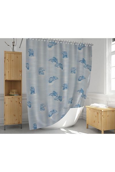 Zethome Κουρτίνα μπάνιου 1x110x200 Κουρτίνα μπάνιου μονόφυλλη με δαχτυλίδι Δώρο 7085 Dolphin
