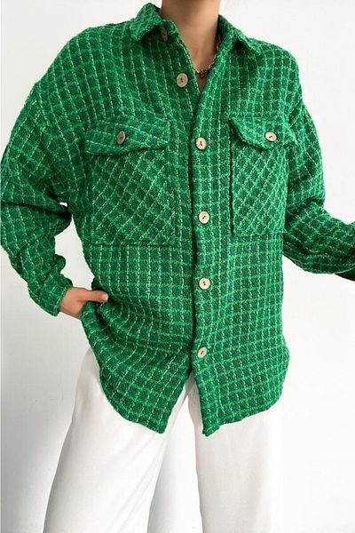 FEMELLE Jachetă de cămașă oversize Lumberjack pentru femei, cu umăr jos, cu nasturi din lemn
