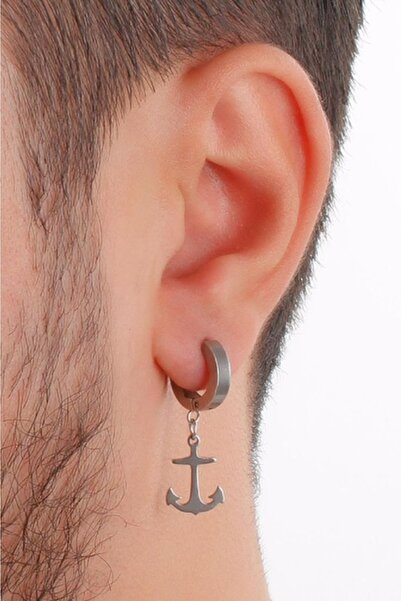 TakıConcept Erkek Gümüş Renk Çapa Figürlü Çelik Halka Küpe