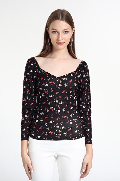 KİM Kİ O Γυναικεία πλεκτή μπλούζα με φλοράλ στάμπα με μακρυμάνικο V λαιμόκοψη