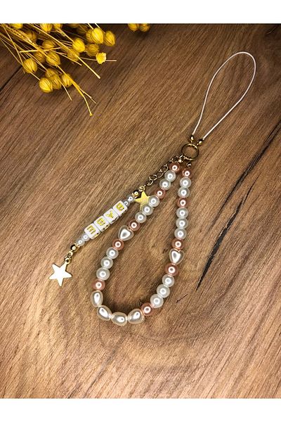 Stoneday Heart Pearl Pink Pearl Babe Written Star Detailed Short Phone Charm Phone Strap Accessory