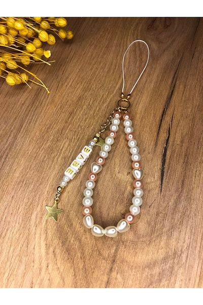 Stoneday Heart Pearl Pink Pearl Babe Written Star Detailed Short Phone Charm Phone Strap Accessory
