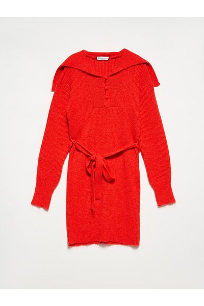 Dilvin 90125 Shirt Collar Ribbed Knitwear Dress-red