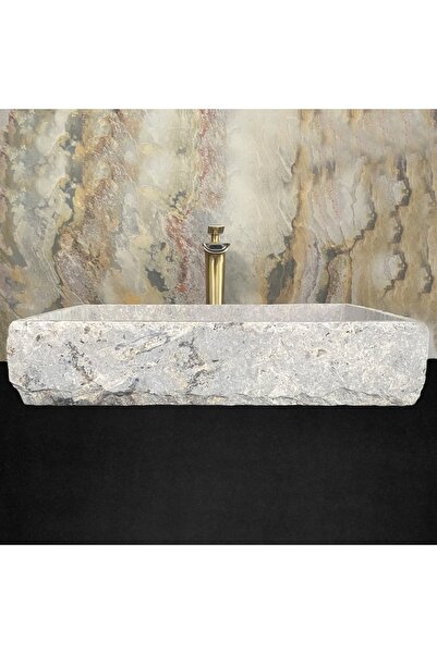 SİPAHİMARBLE Gümüş Traverten Ince Kenar Dikdörtgen Lavabo