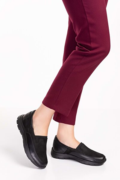 Gondol Hakiki Deri Faylon Anatomik Taban Hafif Ayakkabı Es.119 - Siyah Nubuk - 38