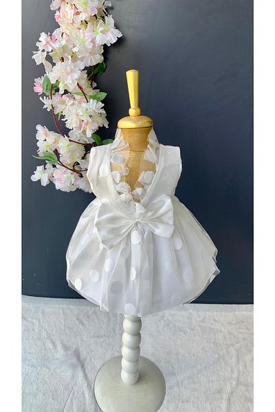 Harry&Millie Pompom Baby White Polka Dot Baby Girl Dress 6 Months