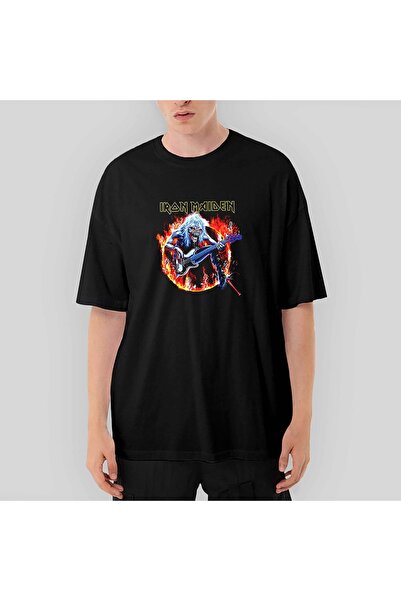 Z zepplin Tricou negru supradimensionat Iron Maiden Fire