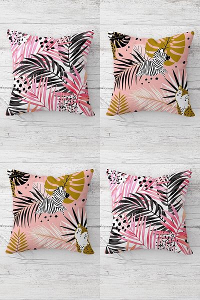 on the clouds Zebra and Tropical Leaf Patterned Concealed Zippered Throw Pillow Cover Sofa Pillow Cover Set (4pcs)