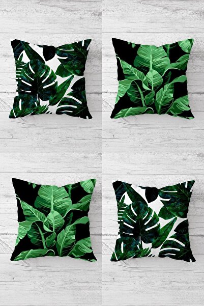 Pelangi مجموعة أغطية وسائد للأريكة بتصميم أوراق استوائية وسحاب مخفي (4 قطع)