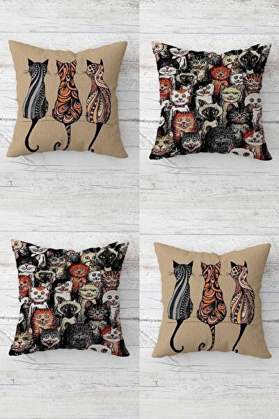 Pelangi طقم غطاء وسادة للأريكة بسحاب مخفي على شكل قطة وقطط (4 قطع)