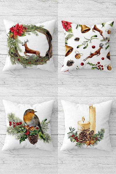 linazaitun Deer Candle New Year's Secret Zippered Throw Pillow Cover Seat Pillow Cover Set (4 Pieces)