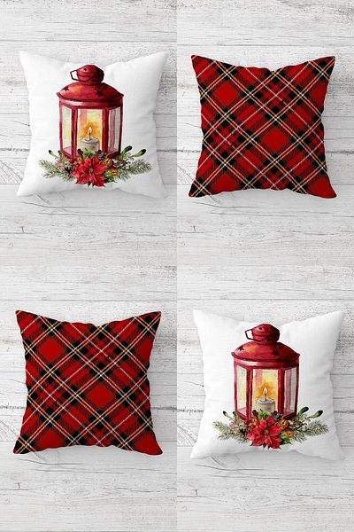 linazaitun Plaid New Year Concept Hidden Zippered Throw Pillow Cover Sofa Pillow Cover Set (4pcs)