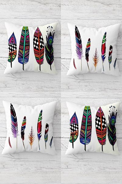 linazaitun Colorful Feather Patterned Concealed Zippered Throw Pillow Cover Sofa Pillow Cover Set (4pcs)