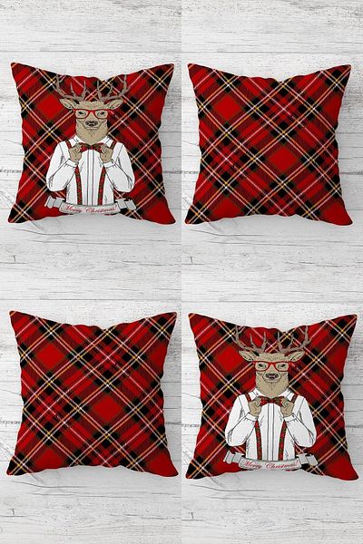 linazaitun New Year's Concept Plaid Deer Hidden Zippered Throw Pillow Cover Sofa Pillow Cover Set (4pcs)