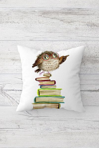 linazaitun Owl And Books Patterned Hidden Zippered Throw Pillow Cover Sofa Pillow Cover Set (4pcs)