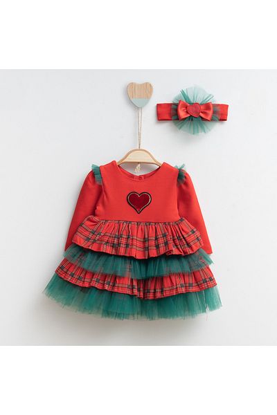 MİNİBORN Newborn Girl Long Sleeve Red Christmas Dress Set