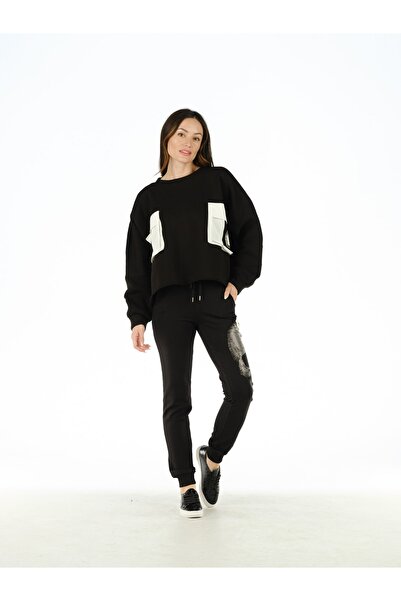 ŞEYDA ERTEM Hanorac negru alb cu buzunare și fleece în interior