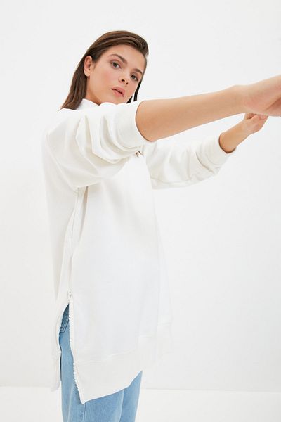 Trendyol Collection Ecru Long Oversize/Wide Fit Stojací límec na zip Silný fleece uvnitř Pletená mikina TWOAW20SW0322