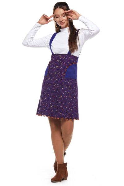 Newbutix Pazen Mor Salopet Desenli Kısa Etek
