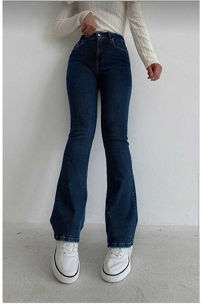 Trn JNS Cold Spanish Women Pantaloni denim evazați albastru închis cu talie înaltă Spaniol Jeans Gatherer