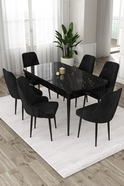 Canisa Eta Serisi, Siyah Mermer Desen Açılabilir 80x132 Mdf Yemek Masası Takı...